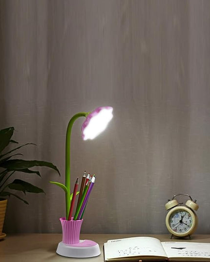 Desk Lamp for Kids Sunflower LED Charging Table Lamp Support Eye Protection Small Desk Folding for Reading,Study and Office, Adjustable Brightness - Pink - LeafyLoom