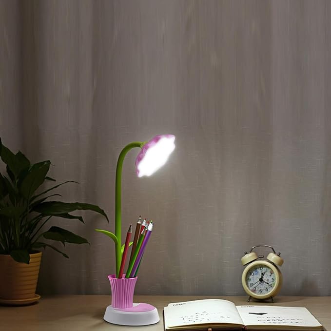 Desk Lamp for Kids Sunflower LED Charging Table Lamp Support Eye Protection Small Desk Folding for Reading,Study and Office, Adjustable Brightness - Pink - LeafyLoom
