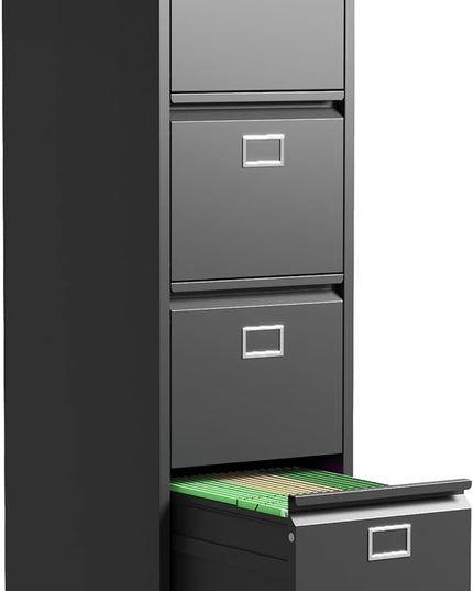 4 Drawer File Cabinet, Metal Vertical File Cabinets with Lock for Home Office, Heavy Duty Office Steel Filing Cabinet for Hanging Files for A4/ Legal/Letter,Assembly Required (Black) - LeafyLoom