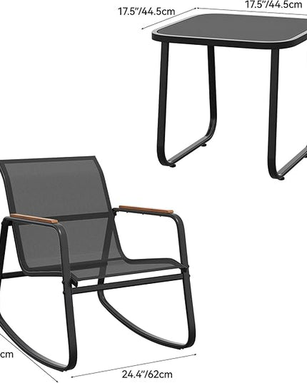 YITAHOME 3 Piece Rocking Bistro Set, Outdoor Patio Furniture Set with Wooden Armrests, Porch Chairs Set with Glass Table for Lawn, Garden, Balcony, Poolside, Dark Gray - LeafyLoom