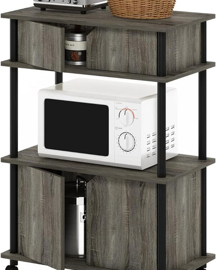 Furinno Turn-N-Tube Kitchen Storage Cart with Cabinet and Lockable Wheels, French Oak Grey/Black - LeafyLoom