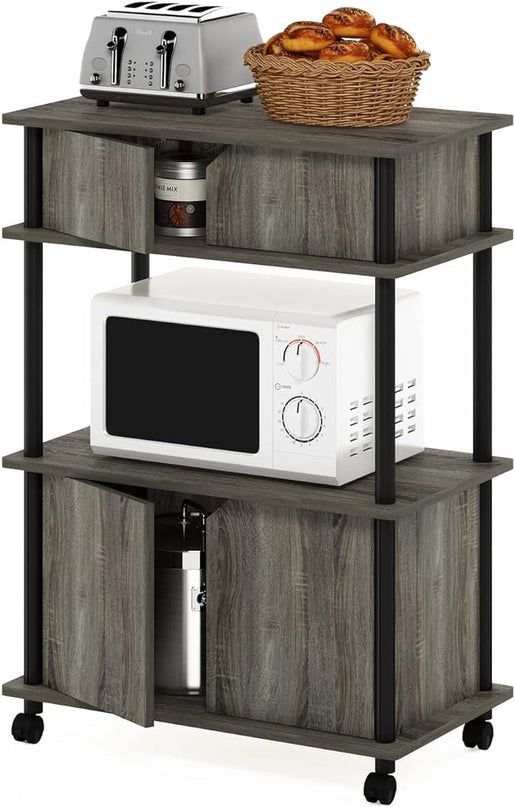 Furinno Turn-N-Tube Kitchen Storage Cart with Cabinet and Lockable Wheels, French Oak Grey/Black - LeafyLoom