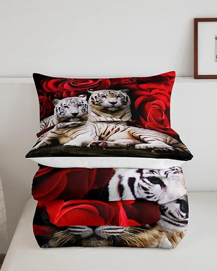 Tiger Comforter Set King, Red Rose Comforter Kids Girls Women,Red Image Of Large Cat Playing with Water Cool Nature Animal Quilted Duvet Insert Gorgeous Floral Flower Bedding Comforters,Brown - LeafyLoom