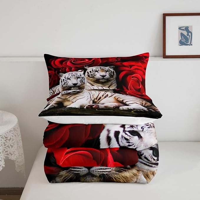 Tiger Comforter Set King, Red Rose Comforter Kids Girls Women,Red Image Of Large Cat Playing with Water Cool Nature Animal Quilted Duvet Insert Gorgeous Floral Flower Bedding Comforters,Brown - LeafyLoom