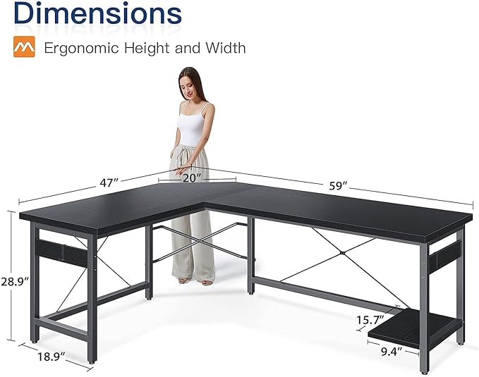 Coleshome 59" L Shaped Corner Computer Desk, Sturdy Home Office Table, Writing Larger Gaming Workstation, Black - LeafyLoom