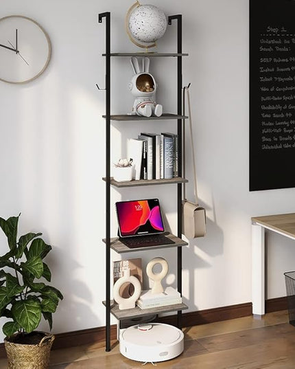 Retro Bookshelf Wall Mounted 5-Tiers Ladder Shelf Dark Grey Narrow Thin Bookshelf Farm House Open Display Storage Rack for Living Room Bedroom Home Office - LeafyLoom