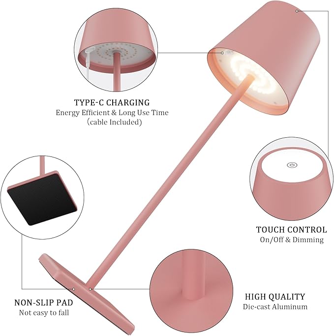 2-Pack LED Cordless Table Lamp, Rechargeable Battery Desk lamp 3W 5500mAh Battery Operated Stepless Dimming Modern Portable Table Light for Restaurant/Bedroom/Outdoor IP54 Waterproof (Pink) - LeafyLoom