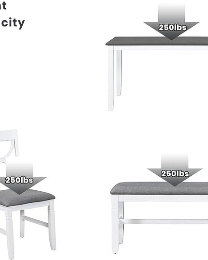 Kitchen Table and Chairs for 6, Rustic Style Dining Table Set, 6-Piece Rectangular Kitchen Table and 4 Upholstered Chairs & Bench for Dining Room, Living Room and Kitchen, Brown+Whitewash - LeafyLoom