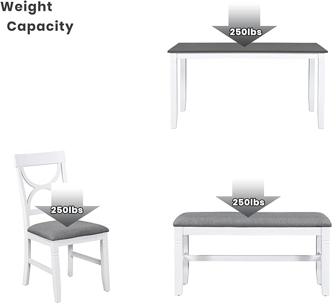 Kitchen Table and Chairs for 6, Rustic Style Dining Table Set, 6-Piece Rectangular Kitchen Table and 4 Upholstered Chairs & Bench for Dining Room, Living Room and Kitchen, Brown+Whitewash - LeafyLoom