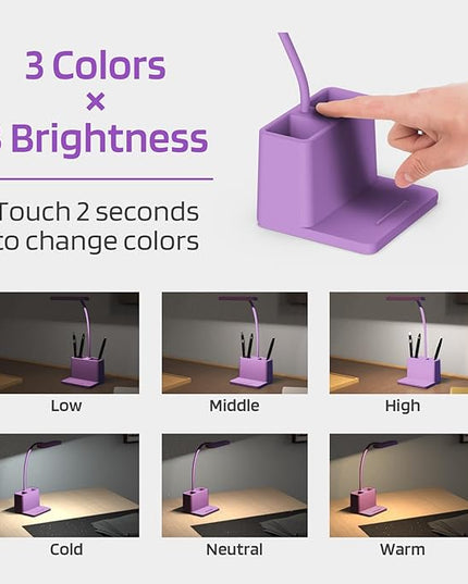 AXX Purple Desk Lamp, Study Lamp/Desktop Lamps for Small Spaces - Small, Battery Operated, Rechargeable, Cute, Gooseneck, Mini, Cordless - College Dorm Room/Home Office Desk Accessories - LeafyLoom