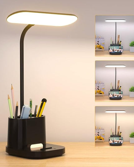 YOUKOYI LED Desk Lamps for Kids, Small Desk Lamps with Pen Holder, 3600mAh Battery Operated Desk Lamp 3Color Modes Stepless Dimming Cute Desk Lamp, Gooseneck Desk light for Home Office, Reading, Study - LeafyLoom