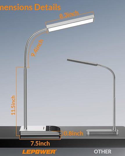 LEPOWER Desk Lamp, 800LM LED Desk Lamp for Home Office, 12W Reading Lamp for Desk, Eye-Caring Light, Touch Table Lamp, Gooseneck Lamp, 50 Lighting Modes, Bright Desk Lamps for Bedroom, Study (Grey) - LeafyLoom