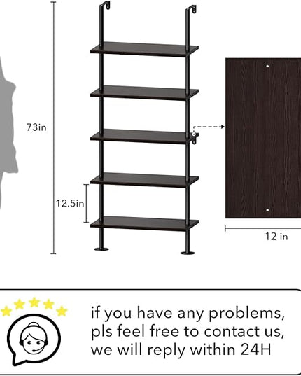 Ladder Shelf Bookcase 5 Tier, Extra Sturdy Modern Bookshelf Wall Mounted, Tall Black Open Book Shelf, Standing Industrial Metal Frame with Wooden Shelves - LeafyLoom