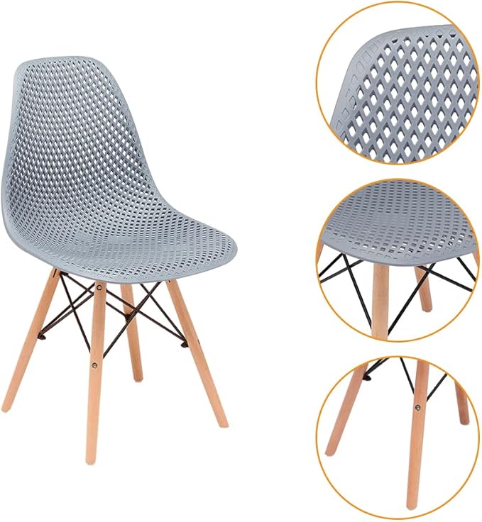 CangLong Dining Mid Century Modern Hollow Back Design Plastic Shell Armless Side Chair with Beech Wood Legs, Set of 2, Grey 1 - LeafyLoom