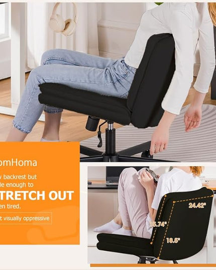 COMHOMA Criss Cross Chair with Wheels, Armless Wide Cross Legged Office Chair Mid Back, Modern Home Office Desk Chair Swivel Adjustable Vanity Computer Chair, Black - LeafyLoom