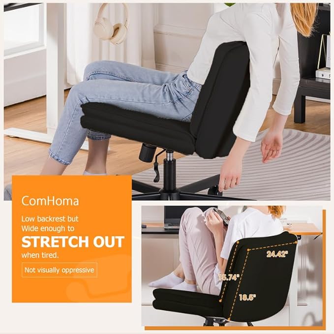 COMHOMA Criss Cross Chair with Wheels, Armless Wide Cross Legged Office Chair Mid Back, Modern Home Office Desk Chair Swivel Adjustable Vanity Computer Chair, Black - LeafyLoom