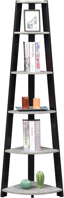 Convenience Concepts Newport 5-Tier Corner Bookcase, Faux Cement/Black - LeafyLoom