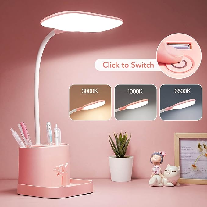 Mubarek Cute Desk Lamp Pink Lamp Cute Desk Accessories, 3 Modes 8W Dimmable Pink Desk Lamp+Organizers, Pink Desk Accessories Kawaii Desk Accessories, Cute Lamp Cute Desk Decor Cute Office Supplies - LeafyLoom