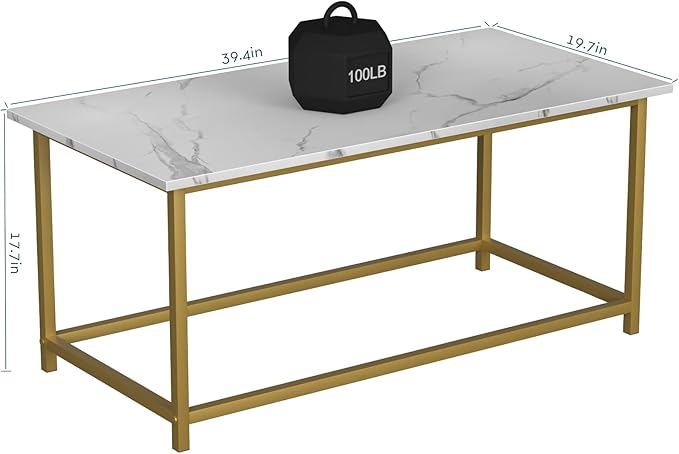 SAYGOER White Faux Marble Coffee Table Simple Modern Rectangular Coffee Tables Open Design Minimalist Center Table for Living Room Office, 39.37 x 19.69 x 17.72, White Gold - LeafyLoom