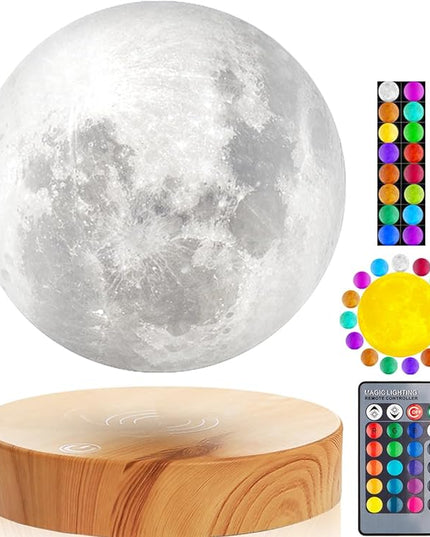 VGAzer Levitating Moon Lamp,Floating and Spinning in Air Freely with 3D Printing LED Moon Lamp Has 20 Modes for Unique Gifts,Room Decor,Night Light,Office Desk Toys (Wooden Base 16 Colors) - LeafyLoom