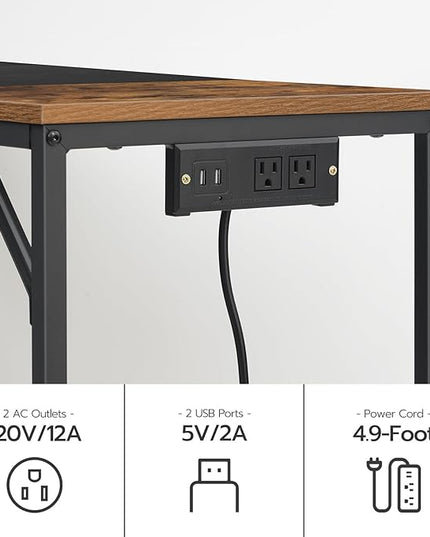 HOOBRO Computer Desk, Home Office Desk with Power Outlet, Modern Study Writing Desk with 3 Hooks for Study Room, Home Office, Sturdy and Stable, Easy to Assemble, Rustic Brown and Black BF41UDN01 - LeafyLoom