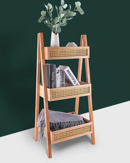ZYBT Ladder Bookshelf, 3-Tier Rattan Bookshelf, Free Standing Bookcase, Blanket Ladder, Wood Organizer Storage Shelves for Living Room Bedroom Kitchen Bathroom Balcony and Home Office - LeafyLoom