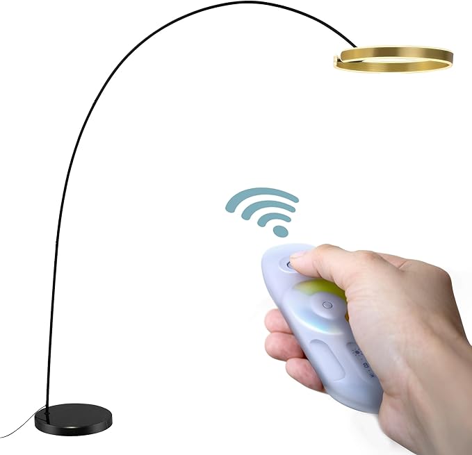 Contemporary 81" Tall LED Overreaching Sofa Arched Floor Lamp with Remote Control - Modern Standing Corner Light, Gold Metal Shade, Real Marble Base - Ideal for Bedrooms and Living Room Décor - LeafyLoom