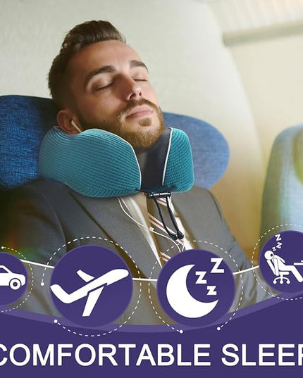 napfun Neck Pillow for Traveling, Upgraded Travel Neck Pillow for Airplane 100% Pure Memory Foam Travel Pillow for Flight Headrest Sleep, Portable Plane Accessories, Teal Set, Medium (120-200LB) - LeafyLoom