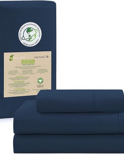 LANE LINEN 100% Organic Cotton Twin Bed Sheet Set, 3 Pc Twin Size Sheet Set, Soft & Breathable Twin Sheet Set Boys, Hotel Style Bedding Sheets & Pillowcases, 15" Deep Twin Fitted Sheet - Estate Blue - LeafyLoom