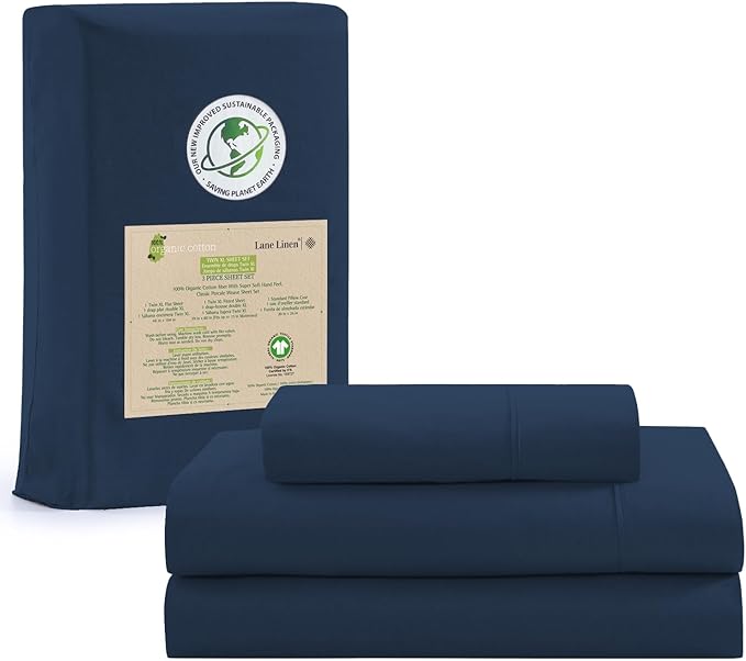 LANE LINEN 100% Organic Cotton Twin Bed Sheet Set, 3 Pc Twin Size Sheet Set, Soft & Breathable Twin Sheet Set Boys, Hotel Style Bedding Sheets & Pillowcases, 15" Deep Twin Fitted Sheet - Estate Blue - LeafyLoom