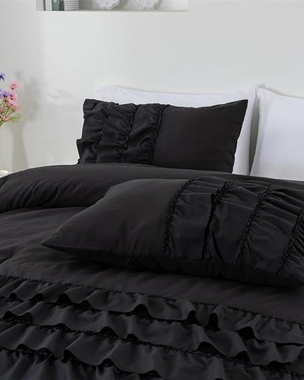 A Nice Night Waterfall Flutter Ruffle 3PCS Comforter Set,Chic Ruffled Textured Princess Bedding Set,Black,Twin - LeafyLoom