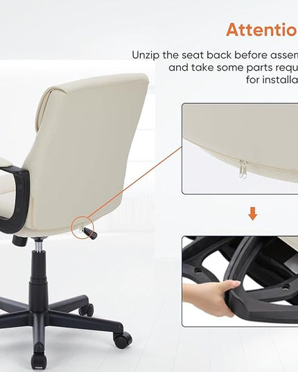 Sweetcrispy Executive Office Chair with Padded Armrests Adjustable Height, 360-Degree Swivel, Lumbar Support, PU Leather, Cream - LeafyLoom