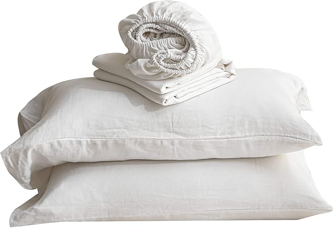 Simple&Opulence 100% Linen Sheet Set Solid Color-4 Pcs Washed French Linen Bed Sheets(1 Flat Sheet,1 Fitted Sheet,2 Pillowcases)-Breathable Bedding Set (White, Queen) - LeafyLoom