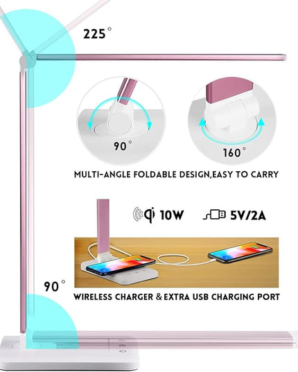 LED Desk Lamp with Wireless Charger, USB Charging Port, Desk Lighting with 10 Brightness, 5 Color Modes, Dimmable Eye Caring Reading Desk Lamps for Home Office, Touch Control, Auto Timer, Pink - LeafyLoom