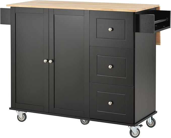Kitchen Cart with Wood Top and Drop Leaf Breakfast Bar, Rolling Mobile Kitchens Island w/Storage and Towel Rack, Large Storage Cabinet Table for Dinning Room - LeafyLoom