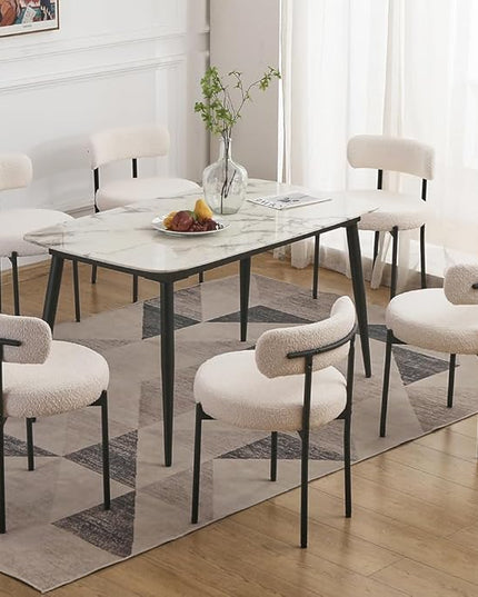 EDWELL White Dining Chairs Set of 6, Modern Dining Room Chairs with 3.94“ Cushions Mid-Century, Round Upholstered Boucle Chairs for Kitchen, Living Room, Kitchen Chairs with Black Metal Legs - LeafyLoom