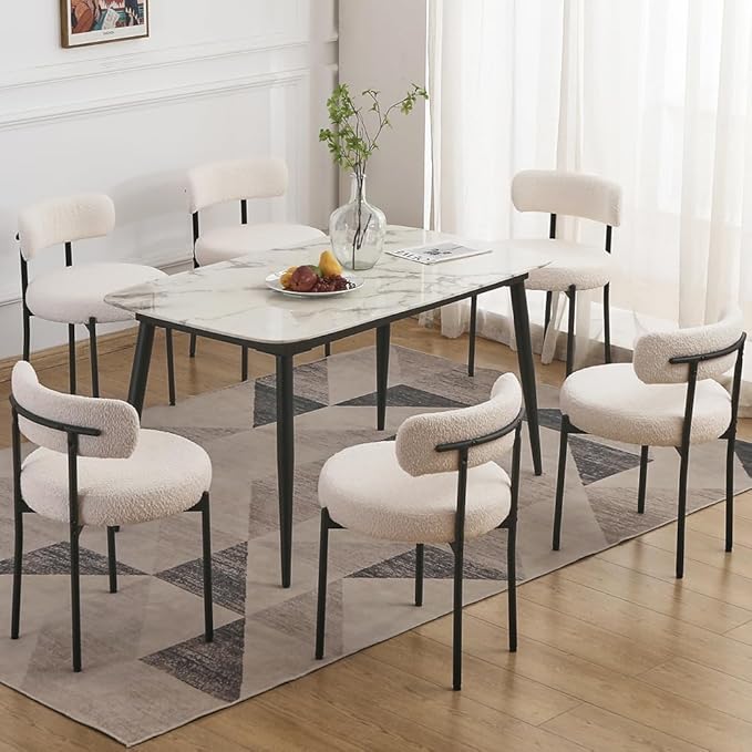 EDWELL White Dining Chairs Set of 6, Modern Dining Room Chairs with 3.94“ Cushions Mid-Century, Round Upholstered Boucle Chairs for Kitchen, Living Room, Kitchen Chairs with Black Metal Legs - LeafyLoom