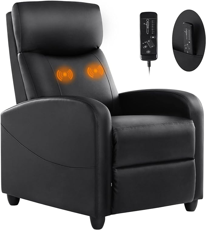 Sweetcrispy Recliner Chair for Adults, Massage PU Leather Small Recliner Home Theater Seating with Lumbar Support, Modern Reclining Chair with Padded Seat Backrest, Living Room, Black - LeafyLoom