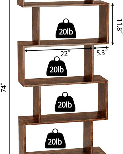 Yusong Geometric Bookcase, Bookshelf 6-Tier S Shaped Book Shelves for Bedroom, Modern Wood Decorative Display Shelf Tall Book Case for Home Office, Rustic Brown - LeafyLoom