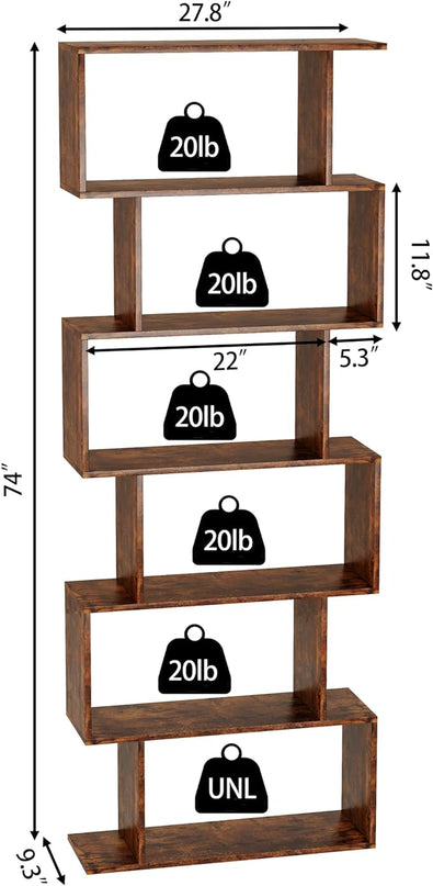 Yusong Geometric Bookcase, Bookshelf 6-Tier S Shaped Book Shelves for Bedroom, Modern Wood Decorative Display Shelf Tall Book Case for Home Office, Rustic Brown - LeafyLoom