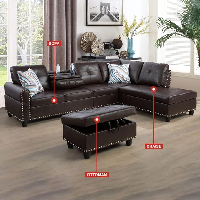 ROOMTEC Modern L Shaped Sectional Sofa with Storage Ottoman, Right Facing Chaise Longue, Reversible Backrest w/ 2 Cup Holders, Faux Leather Tufted Cushions, for Living Room, Apartment, Brown - LeafyLoom
