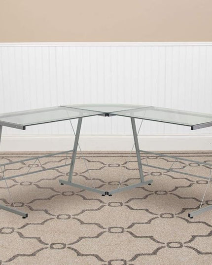 Flash Furniture Ginny L-Shaped Desk 83.5" Computer Corner Desk, Gaming Corner Desk, Home Office Corner Desk, Gaming Desk, Space Saving, Easy to Assemble, Clear - LeafyLoom
