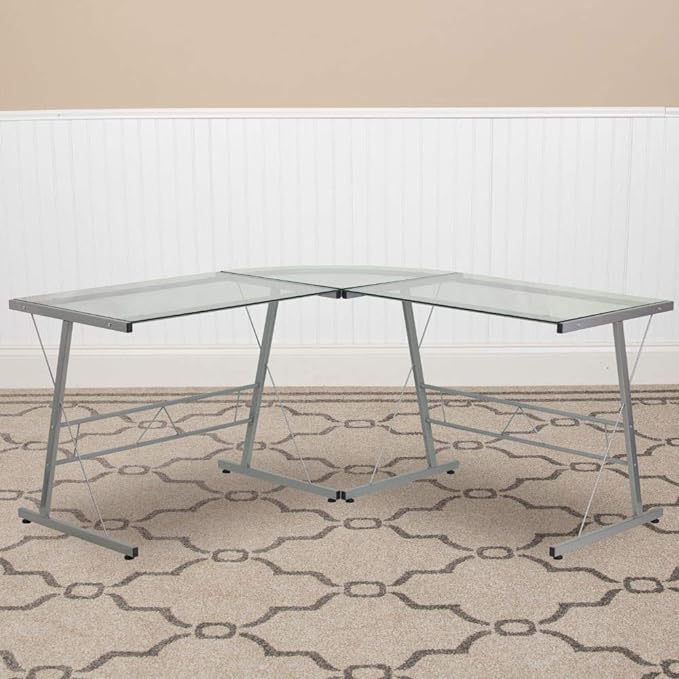 Flash Furniture Ginny L-Shaped Desk 83.5" Computer Corner Desk, Gaming Corner Desk, Home Office Corner Desk, Gaming Desk, Space Saving, Easy to Assemble, Clear - LeafyLoom