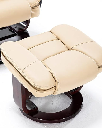 JC Home Swivel Ottoman Bonded Leather Recliner Chair and Foot Rest for Living Room, Home Theater, Man Cave, Bedroom-Round Mahogany Base-Modern, Contemporary Furniture, offwhite - LeafyLoom