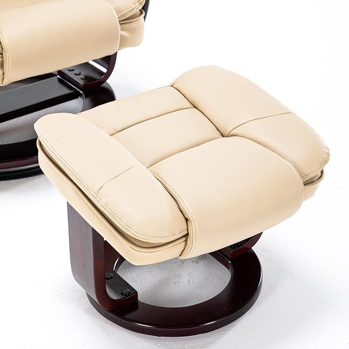 JC Home Swivel Ottoman Bonded Leather Recliner Chair and Foot Rest for Living Room, Home Theater, Man Cave, Bedroom-Round Mahogany Base-Modern, Contemporary Furniture, offwhite - LeafyLoom