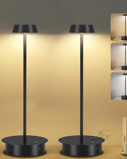 2 Pack Cordless Table Lamp Rechargeable: 5000mAh Battery Operated LED Desk Lamp, 3 Color Stepless Dimming, Portable Table Light Outdoor for Dinner/Patio/Restaurant/Bar/Bedroom-Black - LeafyLoom