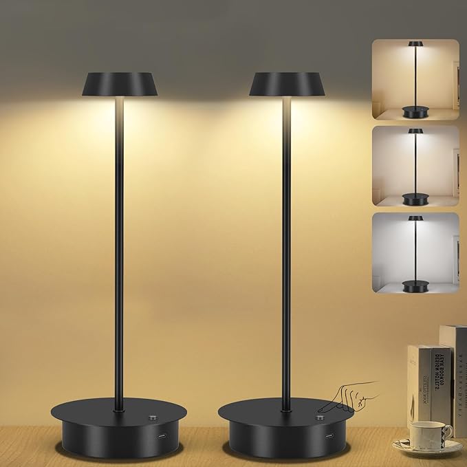 2 Pack Cordless Table Lamp Rechargeable: 5000mAh Battery Operated LED Desk Lamp, 3 Color Stepless Dimming, Portable Table Light Outdoor for Dinner/Patio/Restaurant/Bar/Bedroom-Black - LeafyLoom