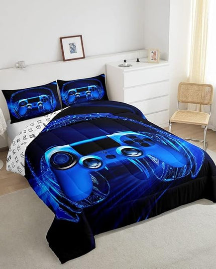 Feelyou Gamer Bedding Set Kids Video Game Gamepad Comforter Set for Boys Teens Gaming Headset Comforter Blue Game Controller Duvet Set Room Decor Quilt King Size Boys - LeafyLoom