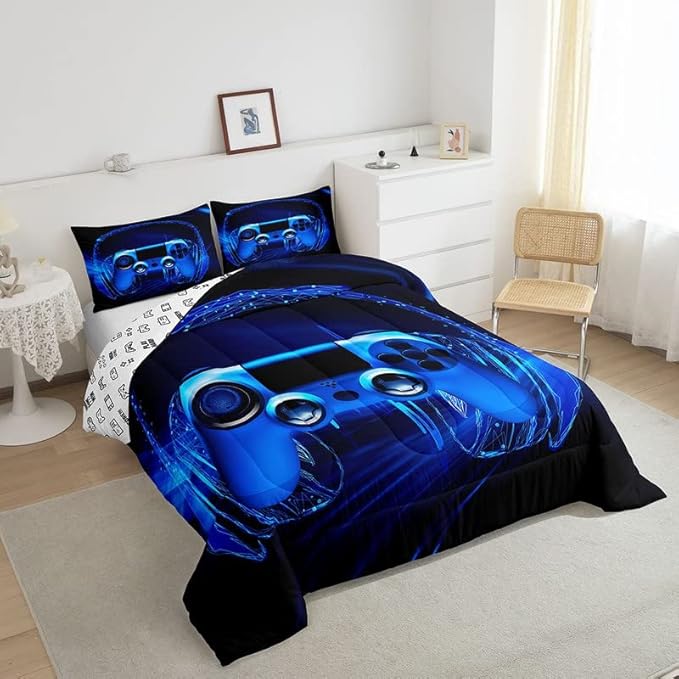 Feelyou Gamer Bedding Set Kids Video Game Gamepad Comforter Set for Boys Teens Gaming Headset Comforter Breathable Blue Game Controller Duvet Set Room Decor Quilt Set Twin Size - LeafyLoom