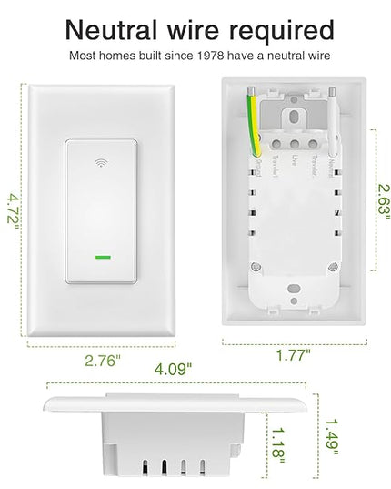 GHome Smart Switch, 3 Way Wi-Fi Light Switch Compatible with Alexa and Google Home, 2.4GHz Schedule Timer, Neutral Wire Required, 3-Way Installation, FCC Listed (4-Pack),White GhomeSmart